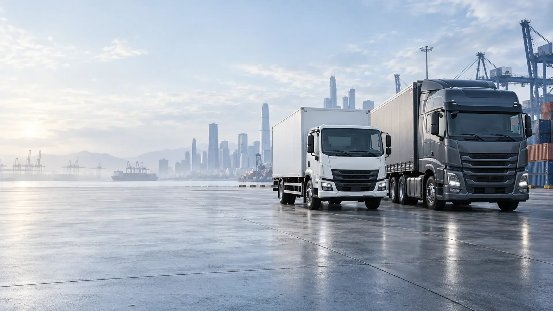Concept illustration of commercial trucks at a logistics terminal.